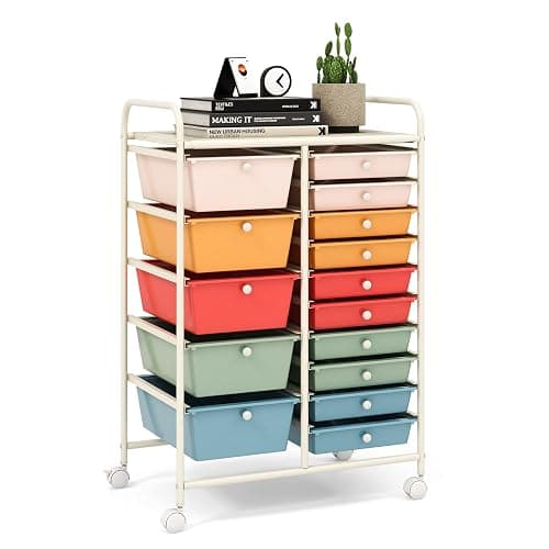 LDAILY 15 Drawer Rolling Storage Cart, Rolling Cart with Drawers for Classroom, Art Supply Craft Organizer on Wheel with Metal Frame & Handles for Home Office School - Image 1