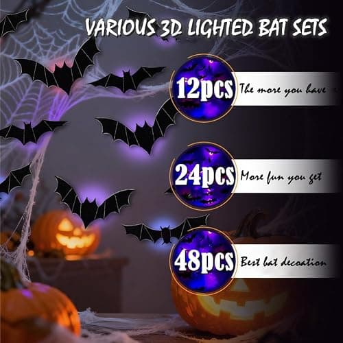 2026 New Halloween 3D Lighted Bats, LED Purple Lighted 3D Bats Halloween Decoration, Upgrade LED Glowing Bat Group Hanging Wall Luminous Glow Clings Multipack (12Pcs Black) thumbnail 6