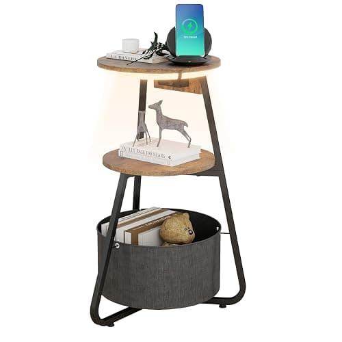 ARTETHYS Side Table with Charging Station, Small Round Coffee Table with 3 Colour LED Lights and Storage Basket, End Table with 3 Tier Shelves, Bedside Sofa Side Tables for Living Room Bedroom - Image 1