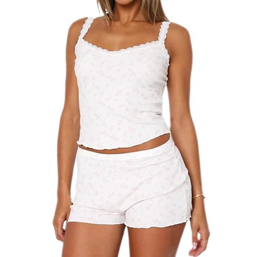XBTCLXEBCO Women Sexy 2 Piece Pajama Set Sleeveless Lace Trim Crop Cami Top and Shorts Pj Set Y2K Sleepwear Lounge Outfits - Image 1