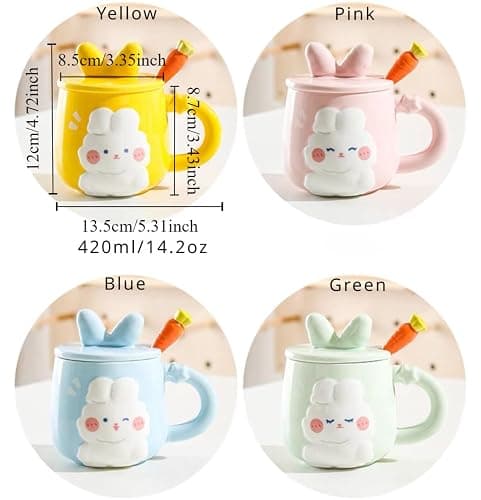 Heardbeli Cute Ceramic 3D Cartoon Rabbit Bunny Coffee Mug 420ML/14.2OZ, with Rabbit Ear Lid and Carrot Spoon, Fun and Novelty Gift for Women Girls (Blue) thumbnail 3