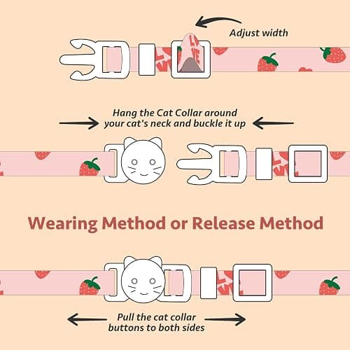 2 Pack Cotton Breakaway Cat Collar Pink Strawberries and White Heart Shaped Pendant Cute Kitten Cat Collar with Bell thumbnail 7