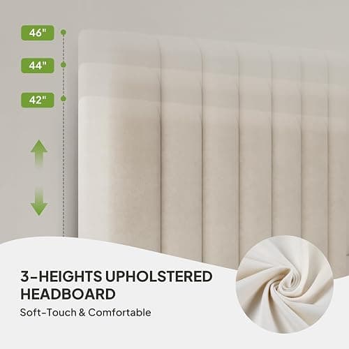 Welzona Queen Bed Frame with Storage and Headboard, Velvet Upholstered Metal Platform Corner Bed with Vertical Tufted Headboard, 2 Storage Drawers, 3-Height Level, Noise Free, Easy Assembly, White thumbnail 3