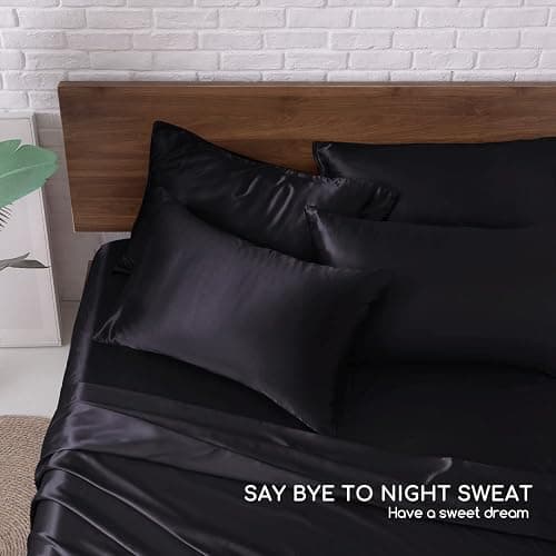 MR&HM Satin Bed Sheets, Full Size Sheets Set, 6 Pcs Silky Bedding Set with 15 Inches Deep Pocket for Mattress (Full, Black) thumbnail 6