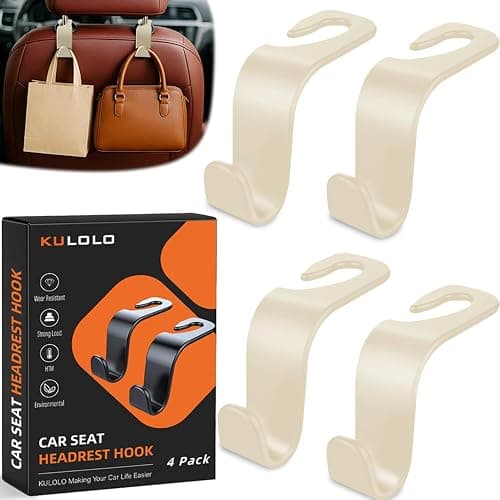 KULOLO 4-Pack Car Seat Hooks - 55 lb Each, Fits 0.32-0.55 in Headrest Rods | Purse holders; PP construction; tool-free setup; 360° swivel; beige; for groceries, backpacks, gym bags, and baby gear - Image 1