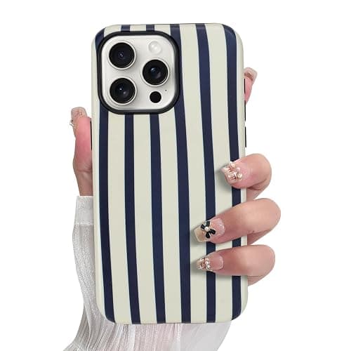 SOKAD Magnetic Vertical Stripes Phone Case for iPhone 15 Pro, Cute Navy Blue Striped Line Pattern Compatible with Magsafe Matte Protective Case Cover with Screen Protector for Girls Women thumbnail 2