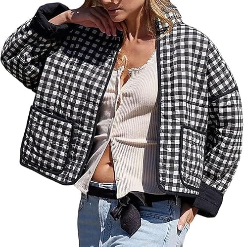 VAOYIU Women's Loose Retro Striped Quilted Jacket Stand Collar Cropped Puffer Outerwear Vintage Coat with Contrast Trim - Image 1