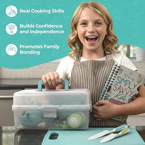 TOVLA JR Kids Real Cooking and Baking Ultimate Gift Set | Montessori Kid-Safe Knives, Apron, Visual Cookbook, Timer, Storage Case & Tools | Premium Christmas & Birthday Gift for Girls & Boys thumbnail 9