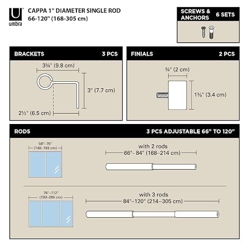 Umbra Cappa Curtain Rod – 1-Inch Drapery Rod Extends from 66 to 120 Inches, Includes 2 Matching Finials, Brackets & Hardware, Brass, 66 to 120-inches thumbnail 3