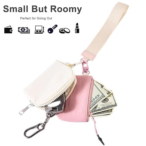 Mini Zip Around Keychain Wristlet Wallet for Women-2 Detachable Dual Pouch Women Coin Pocket Upgrated (Cream+Pink) thumbnail 3