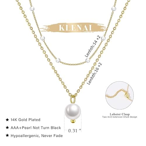 Gold Pearl Necklace for Women, 14K Gold Plated Layered Pearl Necklaces for Women Trendy Simple Herringbone Chain Pearl Necklace for Women Gold Jewelry Gifts thumbnail 5