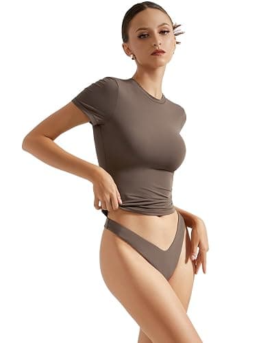 SUUKSESS Women Double Lined Fitted Basic Tee Crew Neck Short Sleeve Y2K Crop Top thumbnail 2