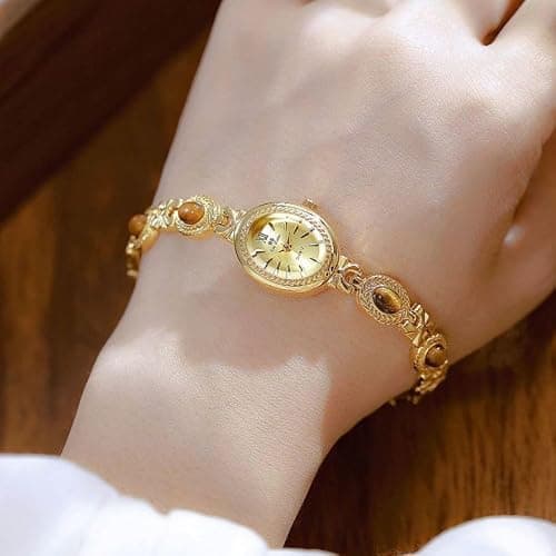 FANMIS Gold Tone Watches for Women with Small Vintage Bracelet Elegant Jade Oval Dial Dress Watch Fashion Quartz Wrist Watch Waterproof Watch thumbnail 5