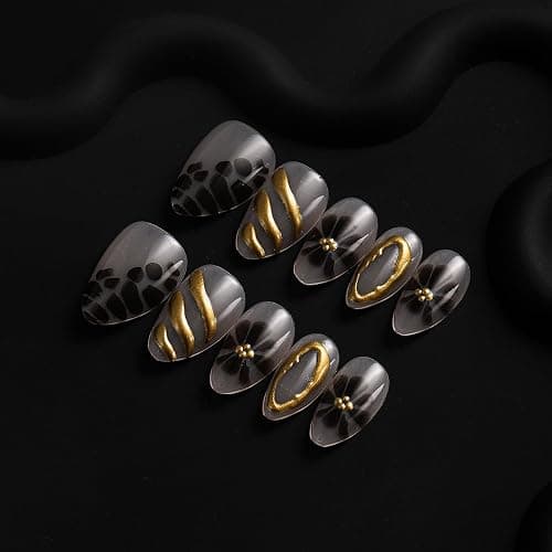 24Pcs Brown Flower Press on Nails Leopard Fake Nails Medium Almond False Nails with Gold Design Brown Flower Acrylic Nails Irregular Stick on Nail Artificial Full Cover False Nail for Women thumbnail 2