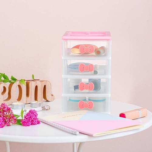 Tatuo Lovely Receiving Storage Cabinets Kawaii Makeup Organizer with 4 Layers Cute Storage Cabinet Box with Bow Handle Plastic Desktop Storage Box for Home Bedroom Bathroom Women Gifts(Clear) thumbnail 7