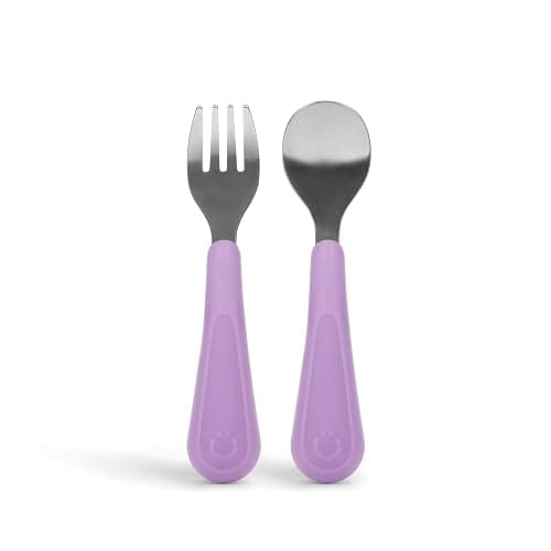 Ubbi Toddler Utensils Set, 2 Pack – Stainless Steel Fork & Spoon with Easy-Grip Silicone Handles, Kids Silverware for Self-Feeding & Baby-Led Weaning, BPA-Free Dishwasher Safe, Smoothie Purple - Image 1