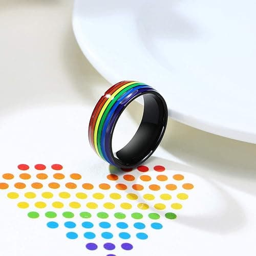 Nanafast 8mm Stainless Steel Enamel Rainbow LGBT Pride Ring for Lesbian & Gay LGBTQ Pride Wedding Engagement Band thumbnail 5