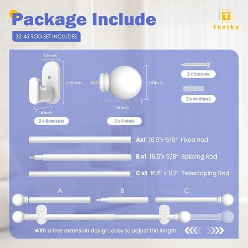 TKZTKZ Curtain Rods No Drilling for Windows 32 to 45 Inch:No Drill Small White Curtain Rod with Adhesive Brackets for Bedroom,5/8" Apartment Renter Friendly Adjustable Drapery Rods Easy Install thumbnail 6