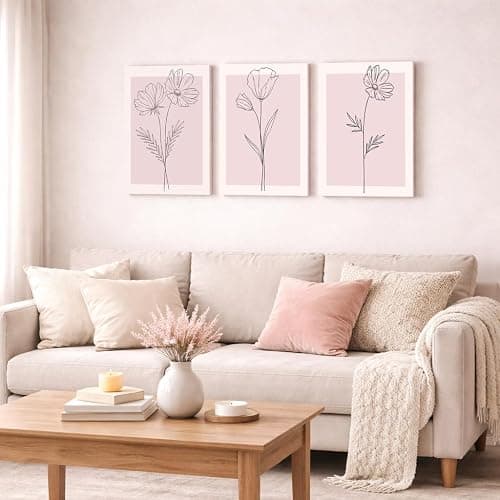 Pink Flower Wall Art Set of 3 Framed, Blush Pink Floral Canvas Wall Decor Pictures, Minimalist Botanical Line Art Prints for Girls Bedroom Teen Room Living Room Aesthetic 12x16 Inch thumbnail 2