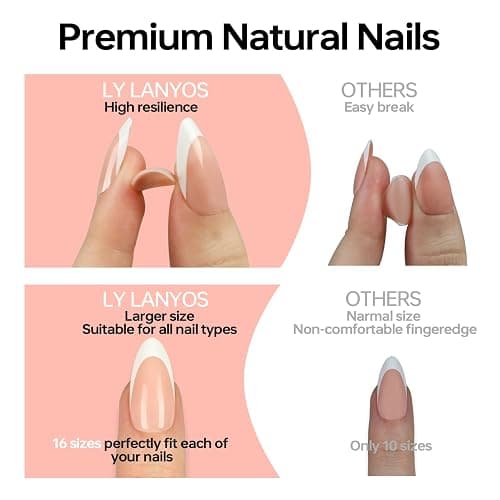 LY LANYOS 16 size white french tip almond press on nails for women,32 pcs super short petite oval nails with glue and stick ，nude french thumbnail 5
