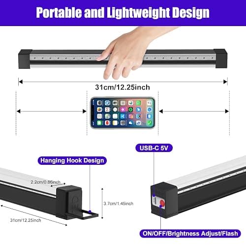 Elwoks Rechargeable Black Light Bar 10W 1FT, Battery Powered LED Blacklight for Glow Party Body Paint Halloween UV Strip Lights for Cabinet and Display Magnetic 2 Pack thumbnail 3
