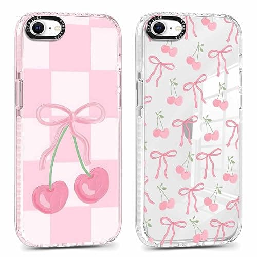 RUMDEY 2 Pack Cute Coquette Bow Phone Case for iPhone 7/8 / SE 2020/2022 4.7", Clear Aesthetic Pink Cherry Ribbon Checkered Pattern Print Design Women Girls Case Soft Shockproof TPU Funda Cover - Image 1