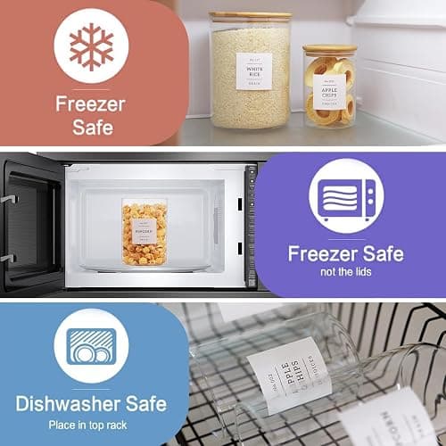 6-Pack Borosilicate Glass Storage Jars with Bamboo Lids + 132 Pre-Printed Pantry Labels Included, BPA-Free Thicken Airtight Containers for Flour, Sugar, Rice, Microwave & Freezer Safe(100OZ/54OZ/27OZ) thumbnail 3