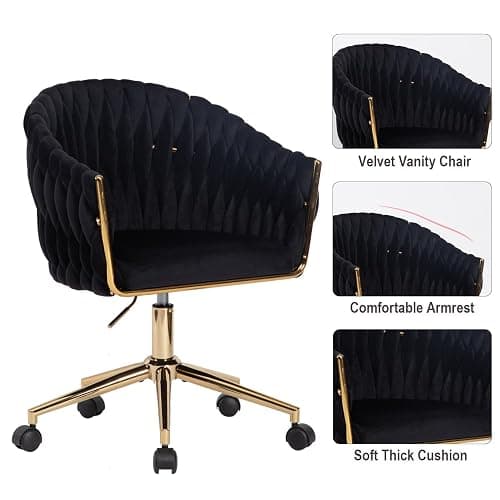 Comermax Velvet Office Chair with Hand Woven, Black Vanity Chairs with Golden Wheels, 360° Swivel Home Office Desk Chair Computer Chairs, Accent Chair Makeup Chair for Bedroom, Living Room(Black) thumbnail 4