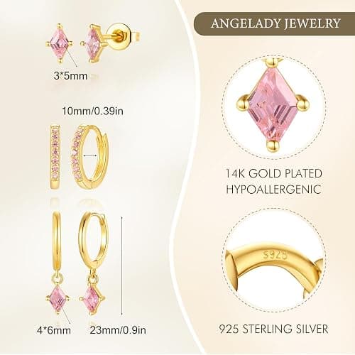 3 Pairs 925 Sterling Silver Colored CZ Hoop Earrings Set for Women | Hypoallergenic Comfort, Huggie, Dangle and Stud Styles for Multiple Piercings, Dainty Ear Stack, Gift for He thumbnail 5