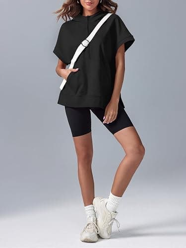 Fisoew Womens Oversized Half Zip Hoodies Short Sleeve Casual Sweatshirts Pullover Tops with Pockets thumbnail 5