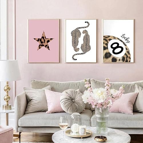 Set of 3 Preppy Cheetah Wall Art Trendy Pink Leopard Canvas Prints Star Lucky 8 Ball Posters Aesthetic Wall Decor Pictures for Girly Bedroom Apartment Dorm Unframed 12x16in thumbnail 5