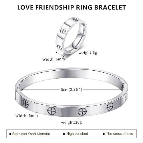 18K Gold Plated Friendship Love Bracelet with Ring Jewelry Set for Women Stainless Steel Cuff Oval Bangle Simple Hinged Cubic Zirconia Stones Bangle Cuff Best Gifts for Mother's Day Valentine's Day Wedding Couples and Birthdays thumbnail 6