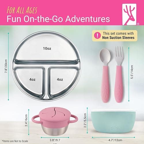 Elk and Friends Stainless Steel Mealtime Bundle with Sleeves | 10pc Set | Kids/Toddler Dinner Set | Silicone Sleeves | 7.8" Plates, Bowls, Snack Cups, Toddler Utensils | Travel Lids | Dishwasher Safe thumbnail 2