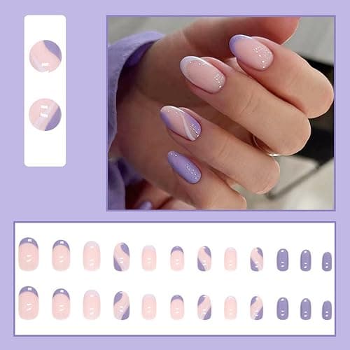 JUSTOTRY 24 Pcs Almond False Nails Short, Lilac French Fake Nails with Wavy, Nude French Stick on Nails Short, Oval Press on Nails for Women, Nails Fake Nail for Nails Art thumbnail 5