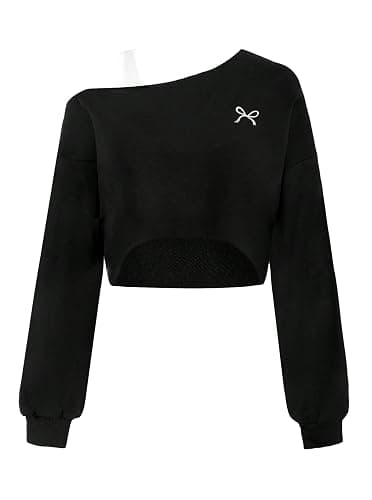 Remidoo Off The Shoulder Tops for Women Cropped Sweatshirt Long Sleeve Top Asymmetrical Patchwork Shirt - Image 1