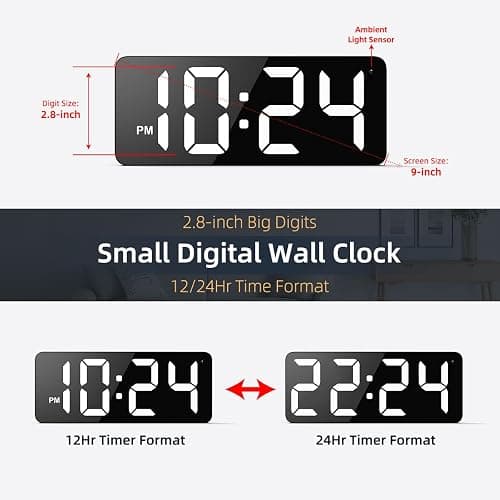 LED Digital Wall Clock with Large Display, Big Digits, Auto-Dimming, 12/24Hr Format, Modern Electric Small Silent Wall Clock for Living Room, Bedroom, Classroom, Farmhouse, Kitchen, Office - White thumbnail 3