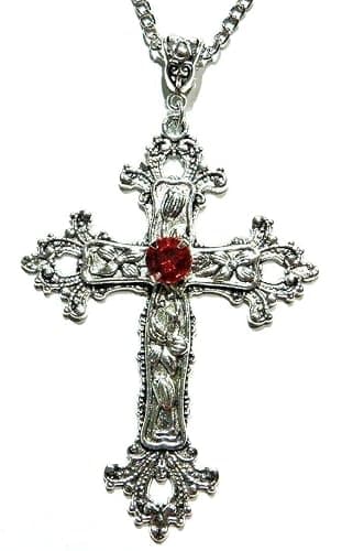 Large Gothic Cross Necklace silver-tone pendant with glass stone, on 24" steel chain… - Image 1
