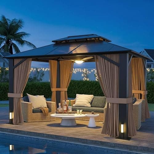 SOLUMIA 10x12 Hardtop Gazebo with Curtains & Netting, Double Roof Polycarbonate Canopy, Heavy-Duty Aluminum Frame Pergola for Patio, Garden, Deck – All-Weather UV & Rust Resistant thumbnail 3