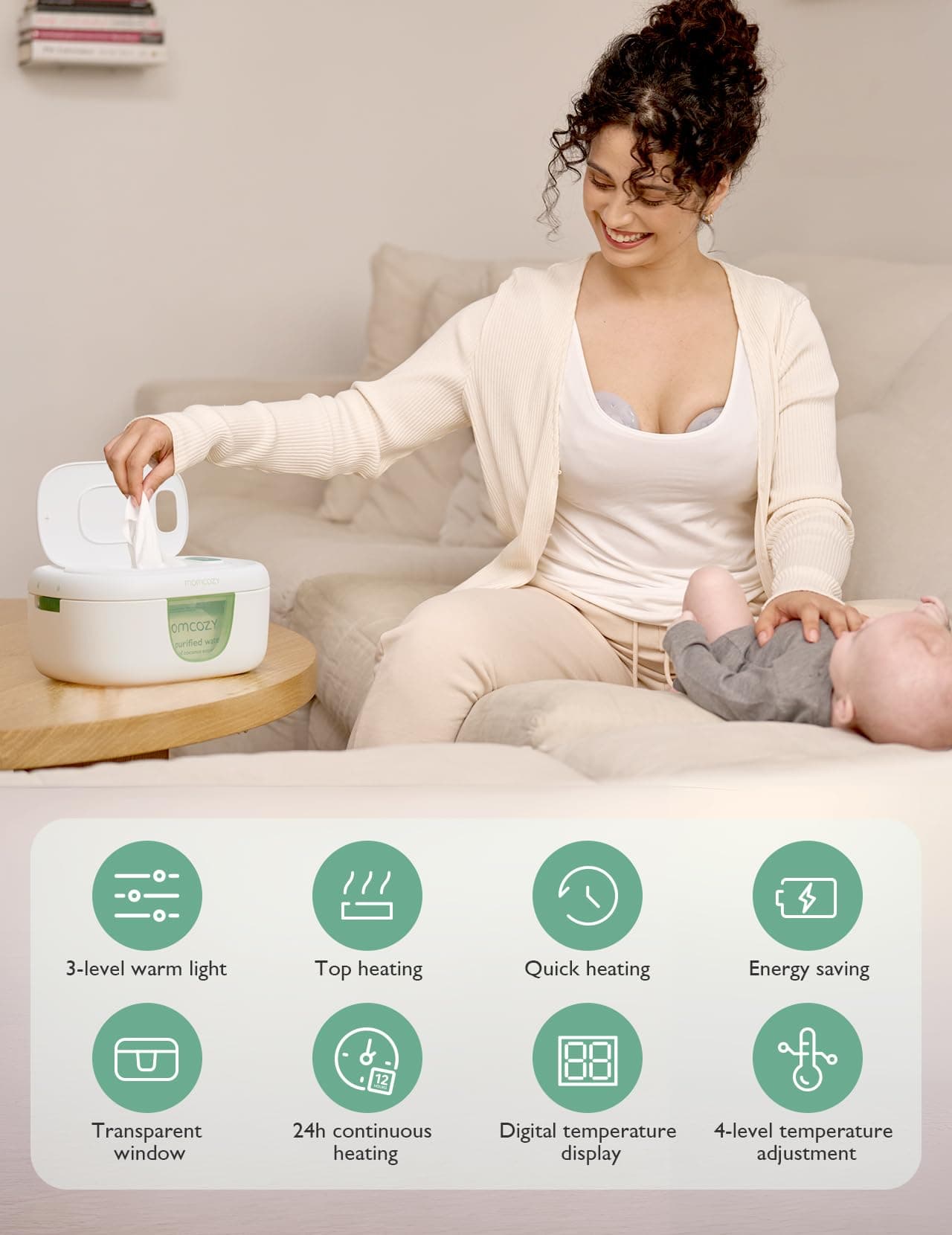 Momcozy Baby Wipe Warmer, Innovative Spring Design, Large Capacity Wipes Dispenser, Fast and Even Heating, 4 Modes of Temperature Heating Control, Diaper Wipe Warmer with Night Light thumbnail 9