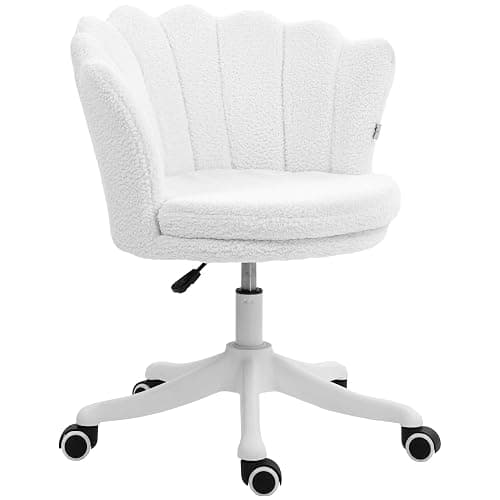 HOMCOM Mid Back Berber Fleece Office Chair, Adjustable Height Study Chair, Vanity Chair with Swivel Wheels for Living Room, Study, White - Image 1