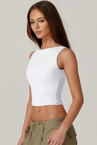QINSEN Women's Sexy Open Back Sleeveless Crop Tank High Neck Slim Fit Cropped Tee Shirt Y2k Tops thumbnail 4