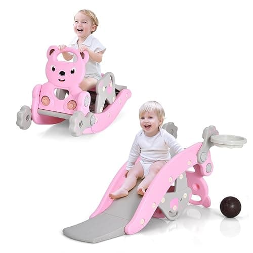 Costzon 5 in 1 Toddler Slide Rocking Toy, Slide for Kids with Detachable Stool, Basketball Hoop and Ring Game, Foldable Climber Playground Slide for Both Indoors Outdoor Use (Pink Bear) - Image 1