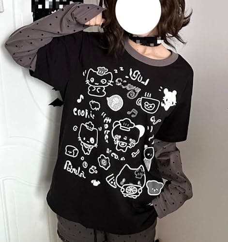 GGOOB Y2k Fake 2 Piece Cute Shirts Women Kawaii Cutecore Graphic Long Sleeve Top Teen Girls 2000s Preppy Aesthetic Clothing thumbnail 4