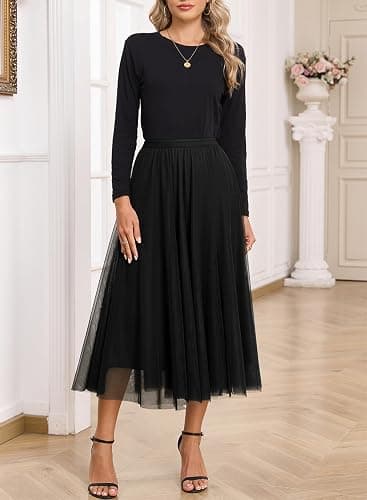 Happy Sailed Womens Tulle Skirt Fall Fashion Elastic High Waisted A-Line Layered Flowy Long Tutu Skirts Date Night Outfits thumbnail 6