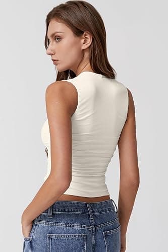 QINSEN Womens Square Neck Tank Tops Side Ruched Double Lined Slim Fit Summer Going Out Crop Top thumbnail 2
