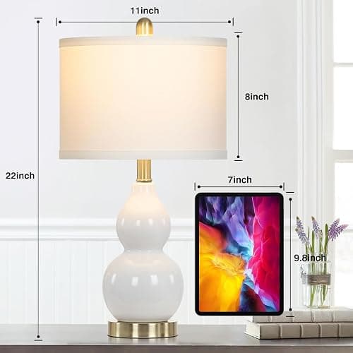 Rinweey Double Gourd Ceramic Table Lamps Set of 2, Modern White Bedside Lamps for Night Stand, Contemporary Nightstand Lamps for Bedroom Living Room (Bulb Included) thumbnail 2