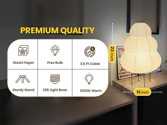 Akia Collection Noguchi Akari Rice Paper Lantern Lamp - Dimmable Japanese Table Lamp with Washi Paper Shade, Bulb Included - Japandi Bedside, Desk Light thumbnail 3
