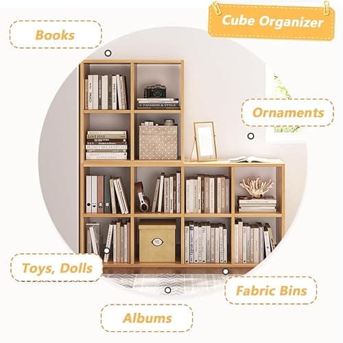 NELYE 4 Cube Organizer Bookcase - Fabric Storage Bins Container, Open Shelf Simple Compartments Bookshelf, Oak - 4-Cube - Oak thumbnail 4