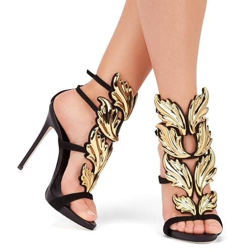 FSJ Women Classy Open Toe Stiletto Heel Sandals Metallic Leaf Mirrored Wing Ankle Strap High Heels Party Evening Prom Shoes Size 4-16 US thumbnail 2