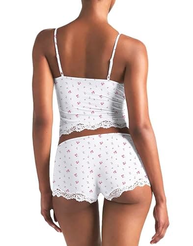 LEEDYA Womens Cami Pajama Set Sexy 2 Piece Sleeveless Pjs Summer V Neck Tank Top Y2K Lace Trim Sleepwear Lounge Set thumbnail 3